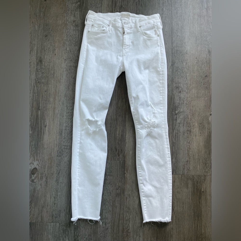 MOTHER Women’s Size 25 Looker Ankle Fray White Denim Jeans Distressed Raw Hem